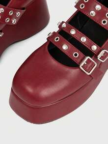 Sugerpunk Ladies, Spike Buckles, Lame-Heeled Platform Sandals. - Burgundy - View 4
