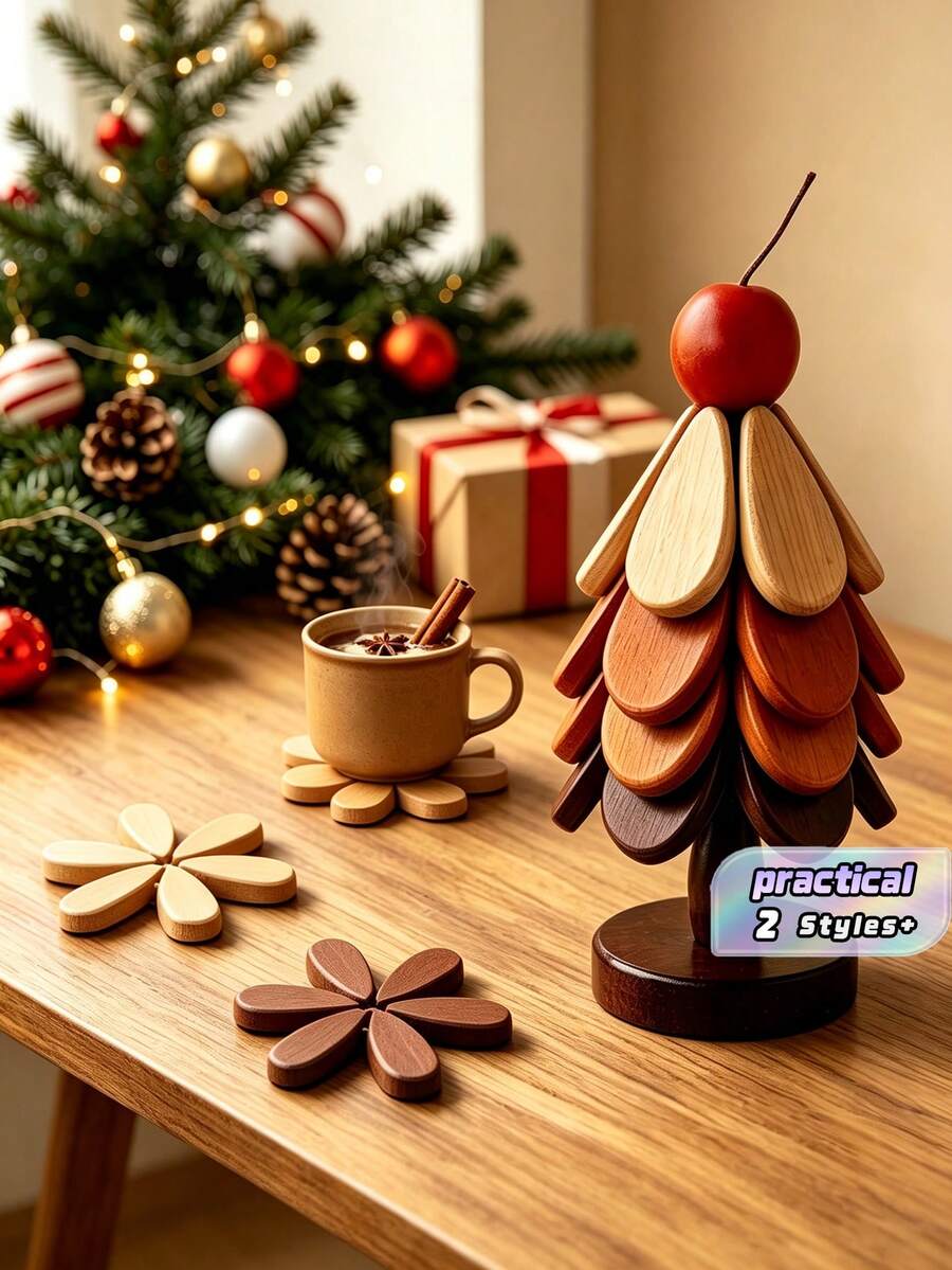 Christmas Tree Wooden Placemat And Coaster Set Heat Resistant Durable Table Ornament For Dining Table Sideboard Home Indoor Tabletop Decor Ideal For Christmas Holiday Festive Seasonal Dinner Party Decorative Tableware Supplies - View 1