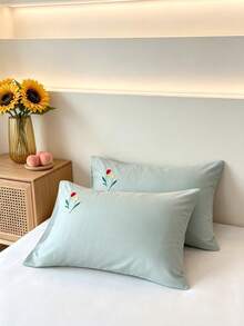 Cirelle 2pcs Embroidered Tulip Pillowcases, Ultra Soft Polyester Pillow Covers With Floral Embroidery, Sage Green Botanical Pillow Shams For Bedroom Decor, Envelope Closure (No Insert) - Light green - View 5