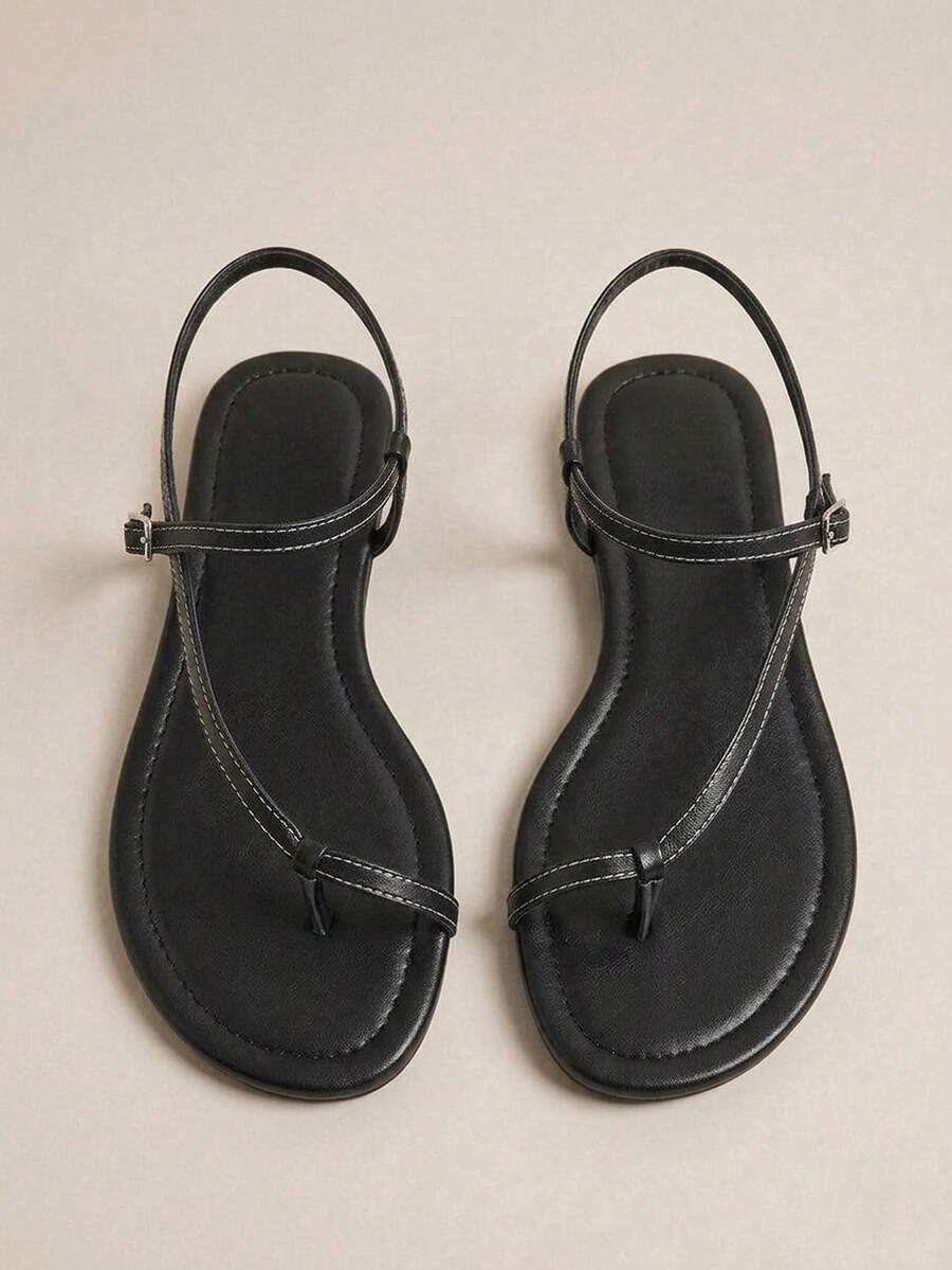 HighSole 女款春夏戶外舒適裸色綁帶休閒平底黑色涼鞋,度假沙灘穿搭 - 黑色 - 查看 1