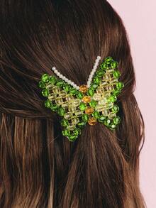 Popjeli 1pc Women's Y2K Dopamine Butterfly Hair Clip, Green & Yellow Beaded Butterfly Spring Clip, Handmade Crystal Bead Hair Accessory, Suitable For Daily Wear And Parties - Multicolor - View 1