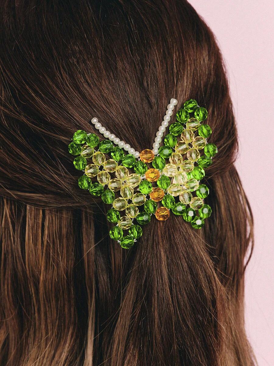 Popjeli 1pc Women's Y2K Dopamine Butterfly Hair Clip, Green & Yellow Beaded Butterfly Spring Clip, Handmade Crystal Bead Hair Accessory, Suitable For Daily Wear And Parties - Multicolor - View 1