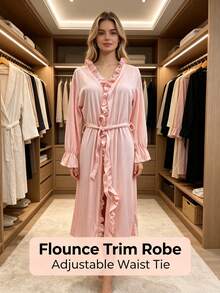 Women's Pink Crinkle Cotton Wrap Bath Robe With Ruffle-Trim V-Neck, Long Sleeves And Tie Belt, Loose Lightweight Comfy Home Wear - Multicolor - View 7