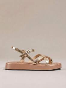 HighSole Spring And Summer New Multi-Belt Cross Back Buckle Design Open Platform Simple Versatile Style Champagne Women's Sandals Daily Commuting Shopping Wear - Champagne - View 2