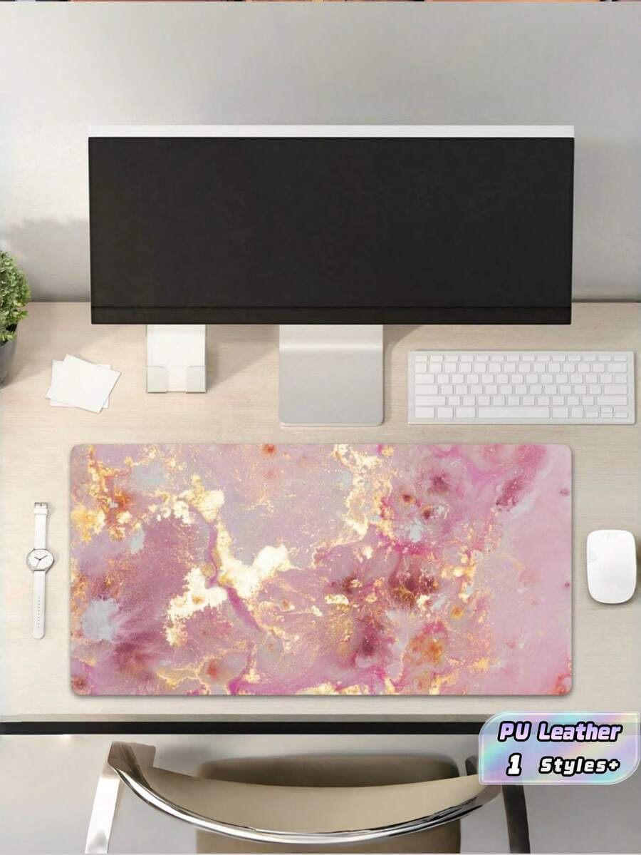 PU皮革大號滑鼠墊 31.5" X 15.7" 玫瑰金，辦公室裝飾，桌面裝飾配件，加大尺寸，防水易清潔，光滑表面，防滑桌面收納 - A - 查看 1