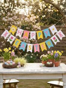Set 2 Buah Banner Felt Paskah, Dekorasi Pesta Musim Semi Berwarna-warni dengan Kelinci, Tulip, dan Daisy, Tahan Lama dan Dapat Digunakan Kembali, Sempurna untuk Dalam dan Luar Ruangan, Perapian, Meja, Taman, Piknik, dan Perayaan Meriah - MultiWarna - View 2