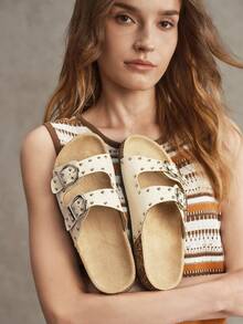 Solecia Women's Fashion Beige Faux Suede Metal Buckle Mule Flat Sandals For Commuting, Dating, Party, Shopping, Campus, Vacation - Beige - View 6