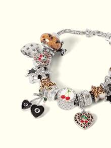 Popjeli Gelang Motif Leopard dan Cherry Charm 1, Gelang DIY Retro Cinta untuk Gadis Bintang - Perak - View 2