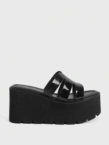 Sugerpunk Sandal Platform Hak Miring Wanita Gaya Punk Gaya Gotik Gaya Jalanan Platform Berongga Slip-On - Hitam - View 1