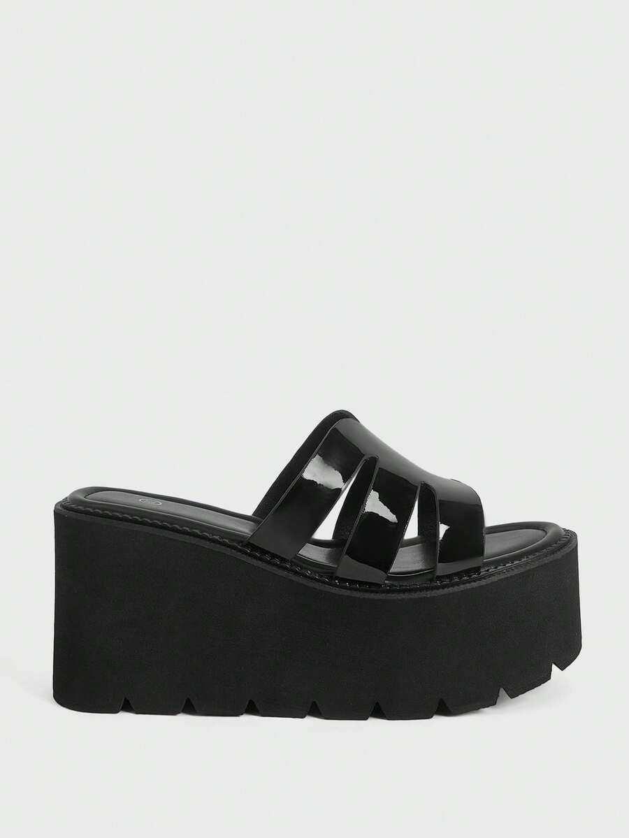 Sugerpunk Sandal Platform Hak Miring Wanita Gaya Punk Gaya Gotik Gaya Jalanan Platform Berongga Slip-On - Hitam - View 1