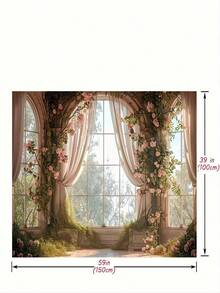 Charming Spring Rose Castle Window Backdrop - Multipurpose Polyester Fabric, Suitable For Easter, Birthday And Photo Booth, Easy To Hang - multicolor - View 5