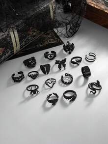 ROMWE Goth 16件裝暗黑龐克十字骷髏戒指，時尚個性魅力飾品，黑色開口戒指，節日禮物，萬聖節 - 黑色-16pcs - 查看 5