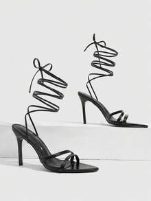 CUCCOO SZL Black Stilettos Pointed Strap Around The Ankle Thin Heel Sandals, Commuter Workplace Model - Black - View 3