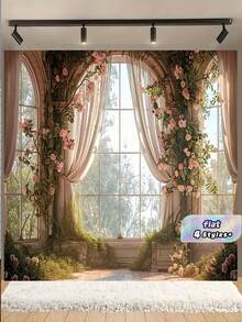 Charming Spring Rose Castle Window Backdrop - Multipurpose Polyester Fabric, Suitable For Easter, Birthday And Photo Booth, Easy To Hang - multicolor - View 1