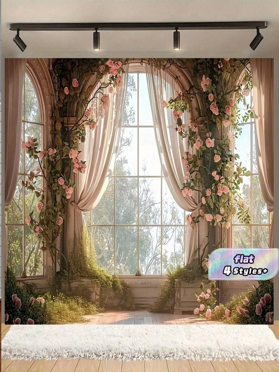Charming Spring Rose Castle Window Backdrop - Multipurpose Polyester Fabric, Suitable For Easter, Birthday And Photo Booth, Easy To Hang - multicolor - View 1