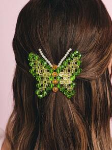 Popjeli 1pc Women's Y2K Dopamine Butterfly Hair Clip, Green & Yellow Beaded Butterfly Spring Clip, Handmade Crystal Bead Hair Accessory, Suitable For Daily Wear And Parties - Multicolor - View 3