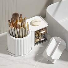 1pc Large Capacity Rotating Makeup Brush Holder Storage Box Multi Functional Space Saving Desktop Cosmetic Organizer Solid Color Cosmetic Storage Case For Vanity Table Bedroom Gift Giveaways Makeup Accessories Display Container - Multicolor - View 3