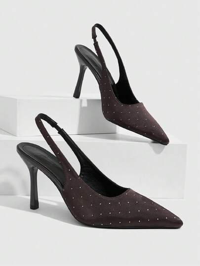 CUCCOO SZL Women's Pointed Stilettos, Brown Rhinestone Buckle Slingback, Women's High Heels, Shoes, Fashionable And Sexy Simple Party Banquet, Slingback Women