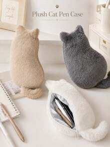 1pc Cat Shaped Plush Pencil Case, Cute Soft Large Capacity Stationery Storage Bag, Japanese Style Cute Cat Pen Pouch, Suitable For School, Office, Study, Desk Storage And Small Item Organization,Back To School. - Cute Cat - View 7