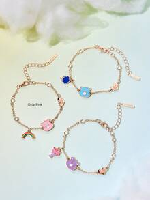 SHEIN X Care Bears 時尚可愛甜美銀色鋅合金卡通鏈條手鍊，適合日常配戴、節慶，彩虹、愛心、熊圖案 - 彩色 - 查看 5