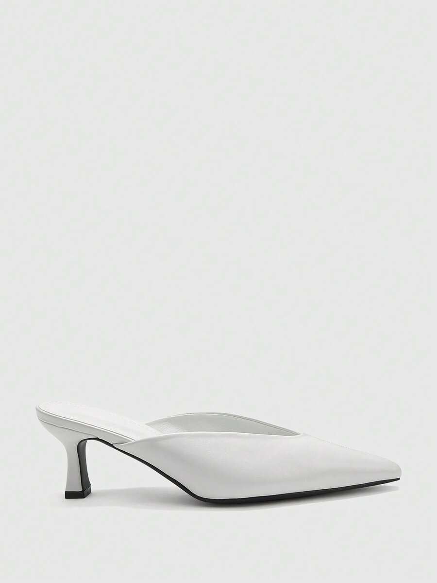 CUCCOO BIZCHIC White Glossy V-Shaped Qu Notched Pointed Mules High Heels, No Rear Helper, Special-Shaped Thin Heels For Commuting, Mules Women's Shoes - White - View 1
