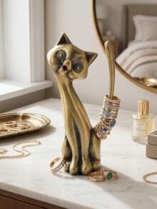 Cat Ring Holder, Zinc Alloy Glossy Three Dimensional Retro Statuette, Vintage Antique Jewelry Organizer Storage For Dresser Vanity Decor - multicolor - View 4