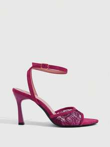 CUCCOO SZL Lace Sequined Pointed Thick Heel Sandals, Metal Buckle, Gentle Elegant High Heels - Burgundy - View 8