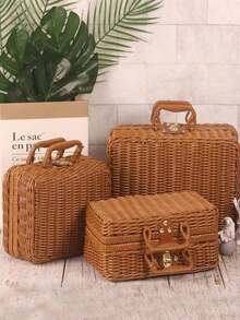 Small Vintage Style Picnic Bag, Vintage Storage Bag, Photography Accessories Organizing Box, Wicker Storage Basket, Gift Box - Khaki - View 4