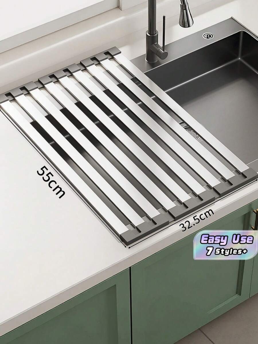 1pc Stainless Steel Expandable Foldable Sink Colander, Kitchen Dish Fruit Vegetable Draining Basket Over Sink Drying Rack - multicolor - View 1