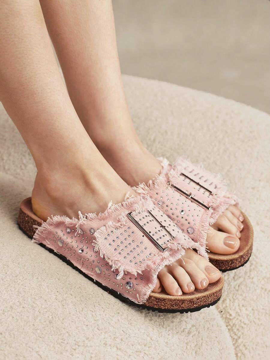 Solecia Ladies Summer Sandals, Open-Toed Flat-Bottomed Rhinestone Square Buckle Decorative Cork Bottom Casual Slippers Daily Beach Dual-Use - Pink - View 1