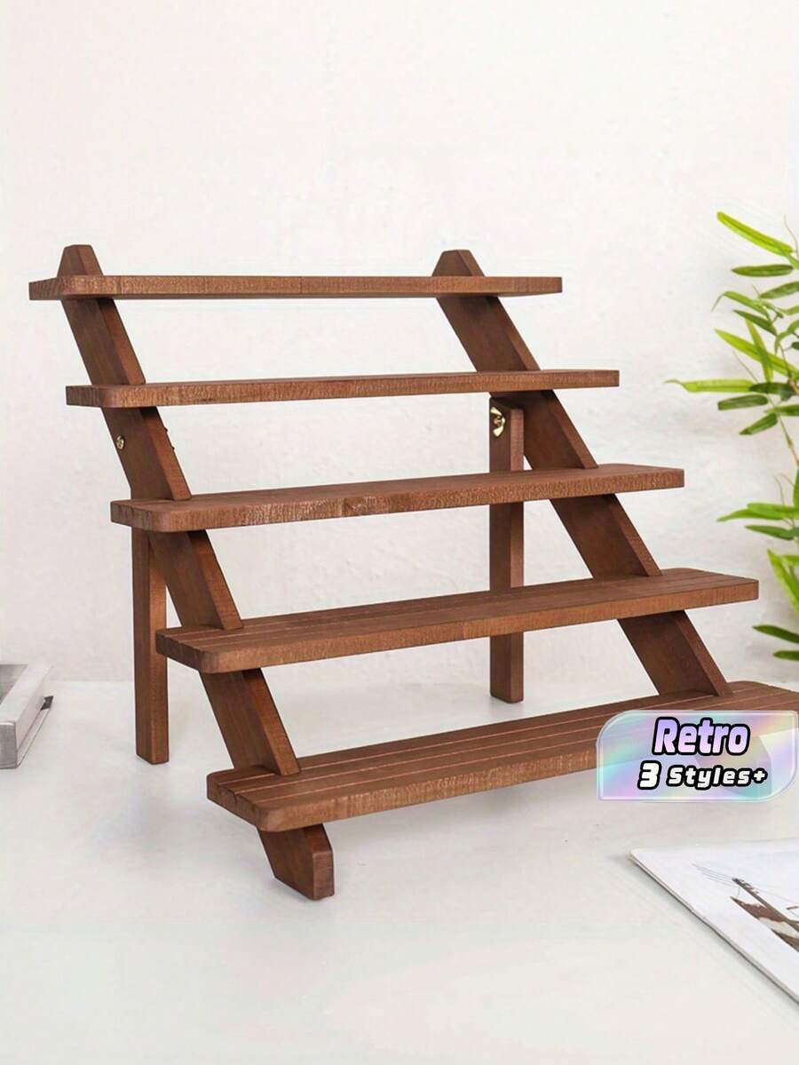 1PC Multi Layer Wooden Display Stand, Vintage Natural Wood Step Shelf Organizer, Earring Ring Jewelry Display Rack, Doll Figurine Storage Shelf, Countertop Multi Purpose Organizer For Home And Shop, Rustic Vanity Dresser Decor, Space Saving - Multicolor - View 1