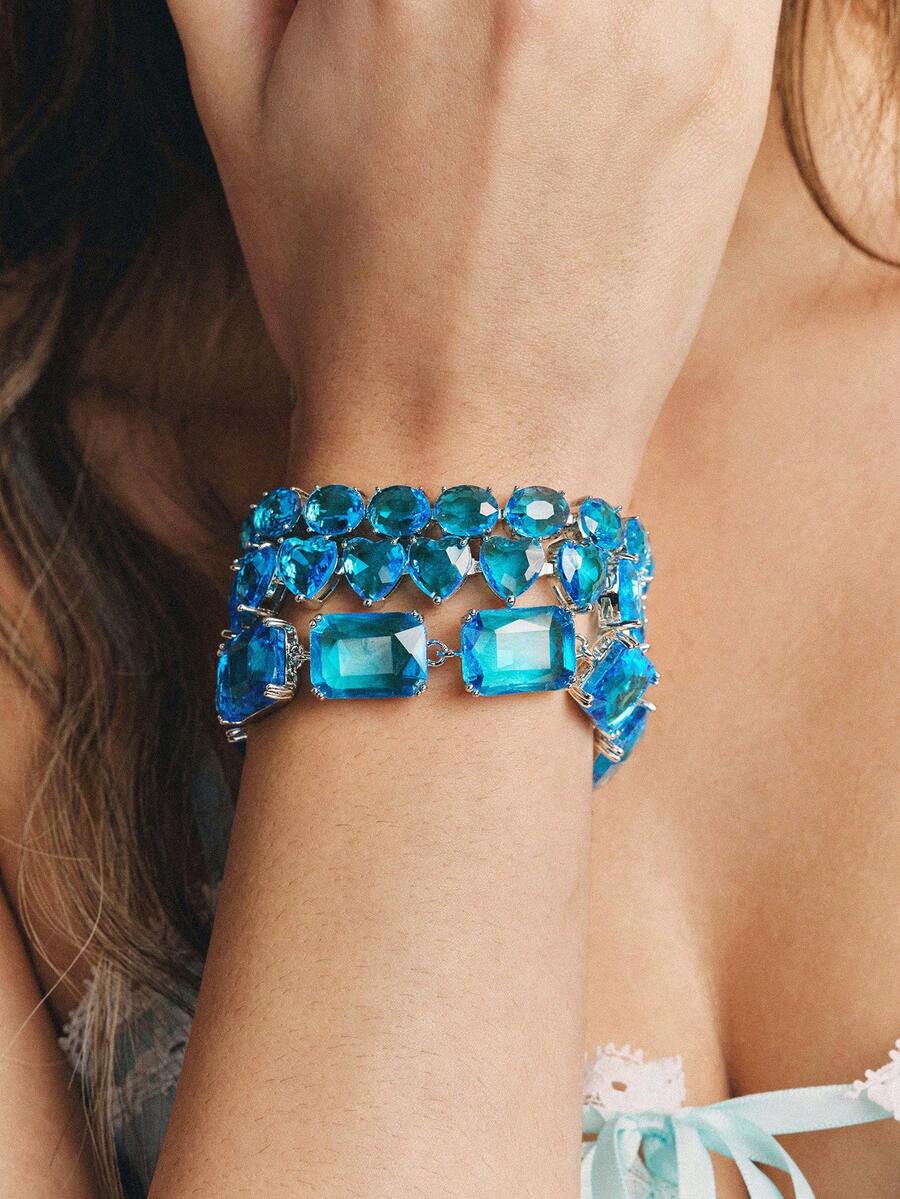 Popjeli Women's Tennis Chain Bracelet Full Crystal Stone Sparkling Bracelet For Daily Party Jewelry - Blue square imitation Swarovski crystal bracelet - View 1
