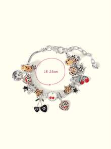 Popjeli Gelang Motif Leopard dan Cherry Charm 1, Gelang DIY Retro Cinta untuk Gadis Bintang - Perak - View 12