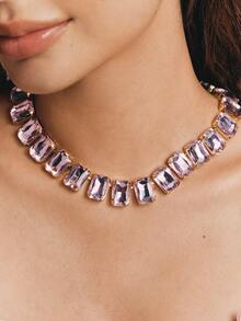 Popjeli 18k Gold-Plated Exaggerated Full Diamond Light Luxury Retro Pink Crystal Necklace Fashionable Personalized Simple Necklace - Pink - View 2