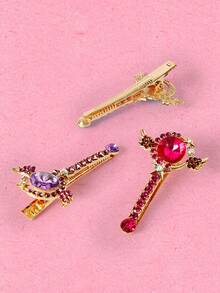 Popjeli 3pcs Dopamine Butterfly Hair Clips, Rhinestone Hair Clips, Star, Round, Staff, Wing, Suitable For Women, Back To School Outfit - Multicolor - View 6