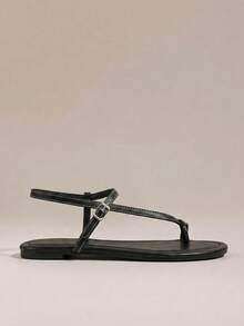 HighSole 女款春夏戶外舒適裸色綁帶休閒平底黑色涼鞋，度假沙灘穿搭 - 黑色 - 查看 2