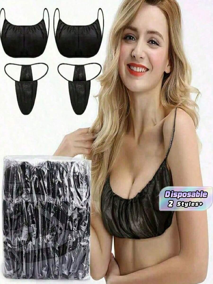 20pcs/50pcs Disposable Non-Woven Bras, Tube Tops For Spa, Sauna And Beauty Salons, Assorted Colors. 20pcs Set Includes 10 Panties And 10 Bras, 50pcs Set Includes 25 Panties And 25 Bras - Black - View 1