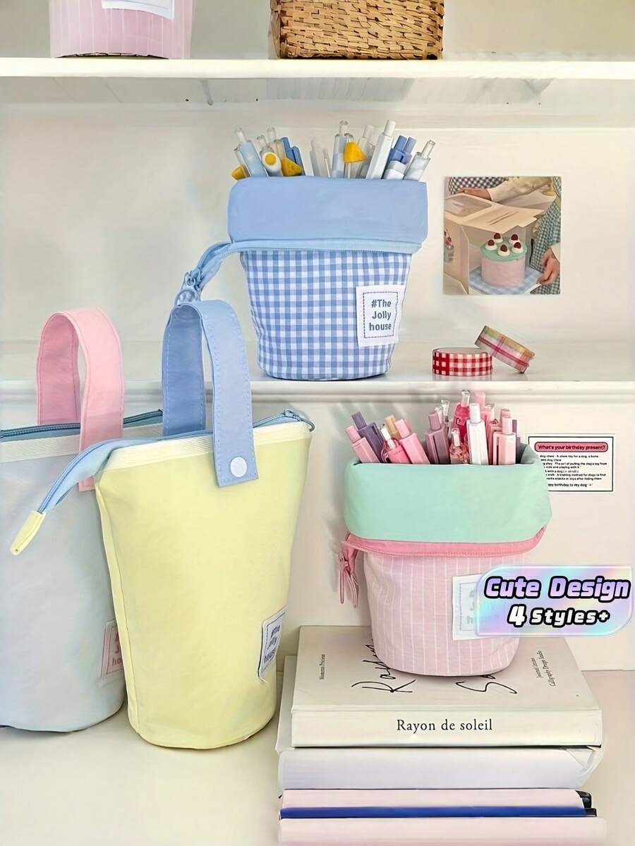 Macaron Color Block Foldable Pencil Case, Large Capacity Durable Stationery Organizer For Desk Office Use, Perfect Gift For Friend Family Bestie - multicolor - View 1