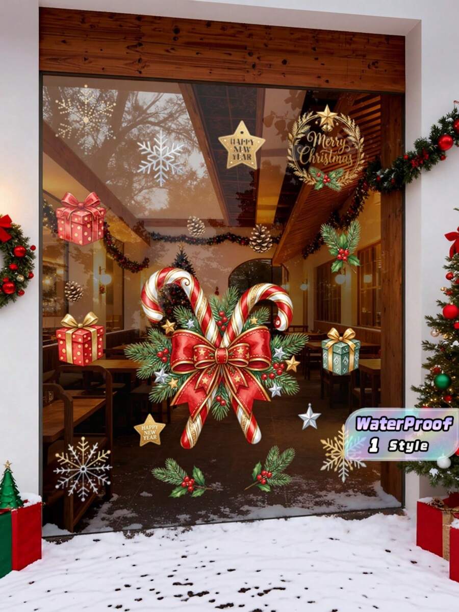 Stiker Jendela Statis Permen Tongkat Natal, Stiker Jendela Elektrostatik Kotak Hadiah Natal, Kepingan Salju, Kerucut Pinus, dan Daun Holly, Stiker Kaca Selamat Natal untuk Dekorasi Rumah, Toko, dan Liburan - warna-warni - View 1