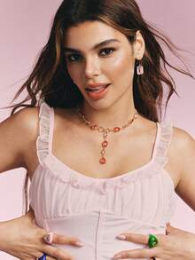 Popjeli 18k Gold-Plated Exaggerated Diamond-Set Square Pink Light Luxury High-End Earrings - Pink - View 3