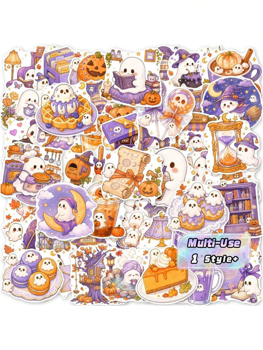 50Pcs Cute Halloween Ghost Stickers – Pumpkin Festival Decals For Journaling, Water Bottle, Laptop, Waterproof Doodle Holiday Party Decor - multicolor - View 1