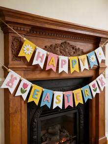 Set 2 Buah Banner Felt Paskah, Dekorasi Pesta Musim Semi Berwarna-warni dengan Kelinci, Tulip, dan Daisy, Tahan Lama dan Dapat Digunakan Kembali, Sempurna untuk Dalam dan Luar Ruangan, Perapian, Meja, Taman, Piknik, dan Perayaan Meriah - MultiWarna - View 8
