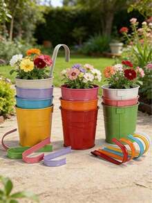 1/3/5pcs Metal Bucket Planters - Rustic Balcony Wall-Mounted Flower Pots With Handles, Garden Decor, Suitable For Indoor And Outdoor Use - Multicolor - View 4