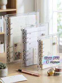 1PC A5/A6/A7 Clear 6-Ring Binder – Zipper Pouch & Snap Closure File Organizer, PVC Document Holder For Office School, Photo Card Receipt Storage, Scrapbook Sticker Album - Transparent - View 1