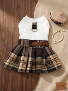 PETSIN Cute Pet Dress Plaid Skirt Sleeveless Tank Top With D Ring Harness Belt For Small Dogs Cats - White - View 3