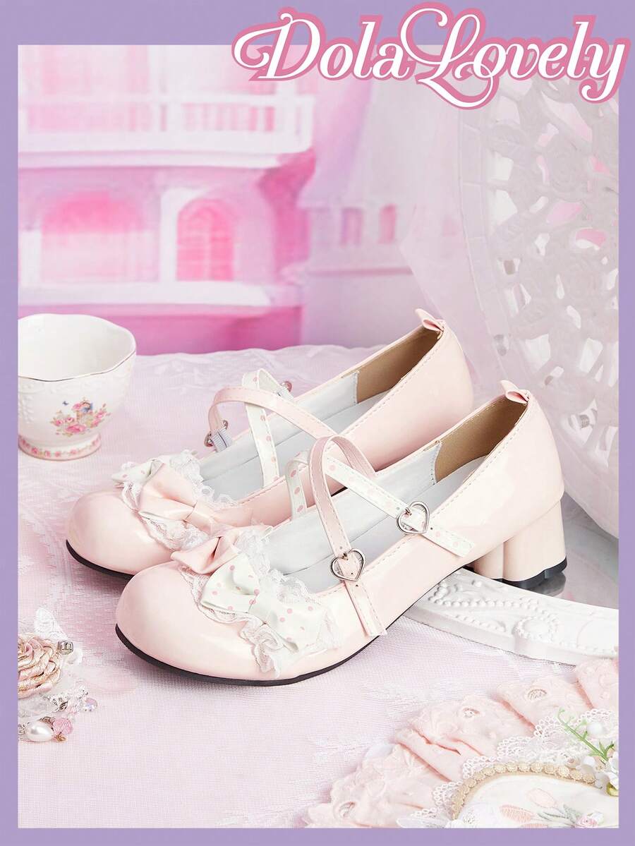 Dola Lovely 女款厚底高跟鞋 圓頭瑪麗珍鞋 蝴蝶結 Lolita 風格 扣帶甜美日系 JK 制服鞋 - 粉色+蝴蝶結波點 - 查看 1