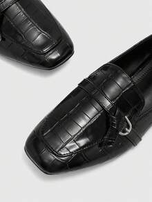 CUCCOO BIZCHIC Women Shoes Square Toe Flat Bottom Black Embossed Simple Metal Buckle Women's Flat Bottom Shoes Light And Comfortable Daily Commuting Casual Fall Shoes - Black - View 4