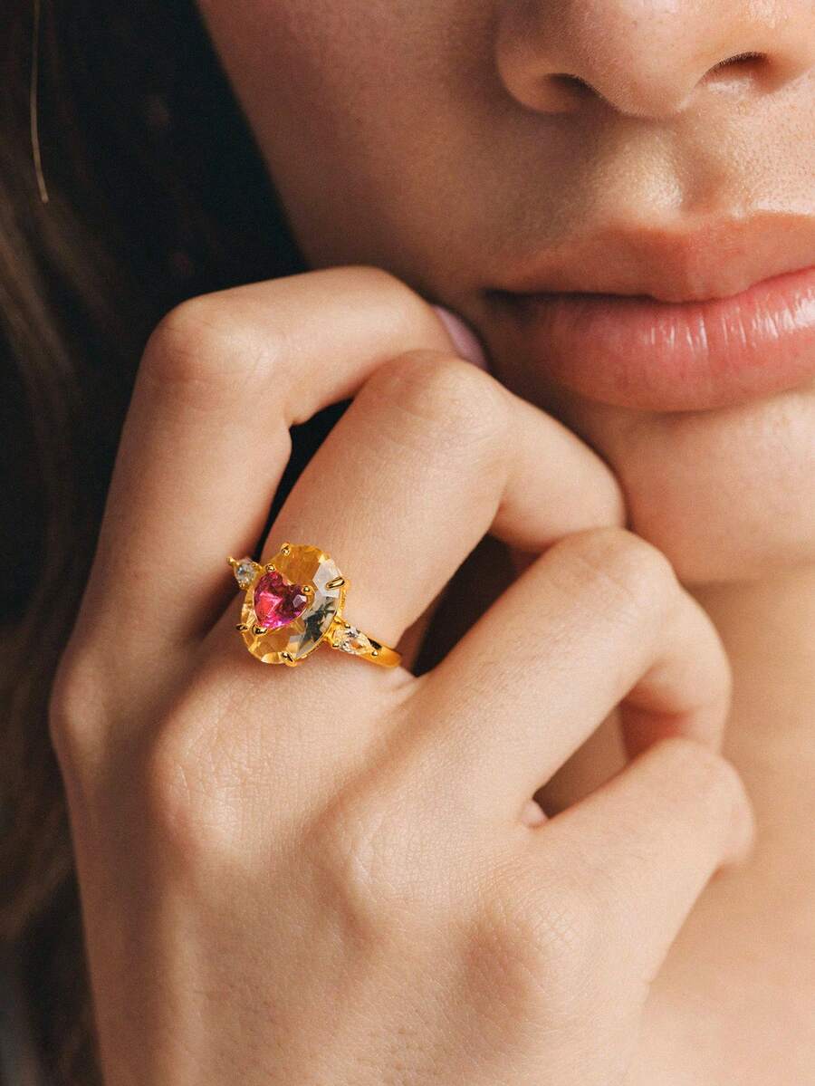 Popjeli Fashion Irregular Love Diamond Ring - Pink - View 1