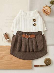 PETSIN Vintage Preppy Pet Dress Cable Knit Top Spliced Herringbone Skirt Heart Buckle Belt Clothes For Small Dogs Cats - White - View 1