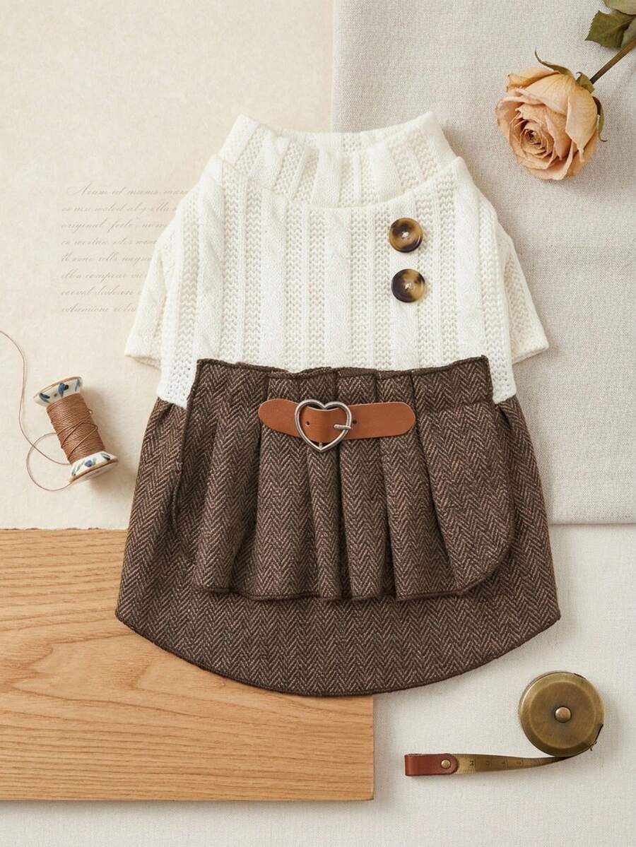 PETSIN Vintage Preppy Pet Dress Cable Knit Top Spliced Herringbone Skirt Heart Buckle Belt Clothes For Small Dogs Cats - White - View 1